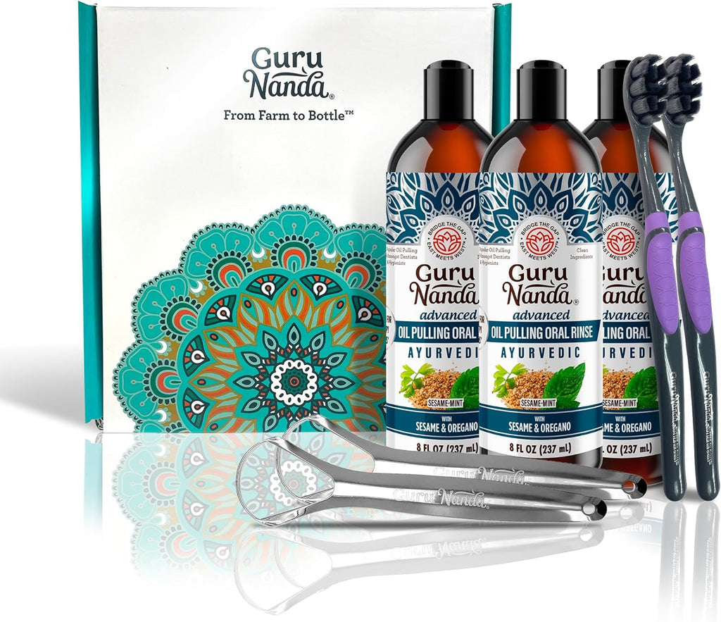 GuruNanda Advanced Oil Pulling Mouthwash for Enhanced Oral Care with Sesame & Oregano Oil, Promotes Deep Cleaning for Healthy Teeth & Gums, with Toothbrushes & Tongue Scrapers, Alcohol-Free, 3X8 Oz