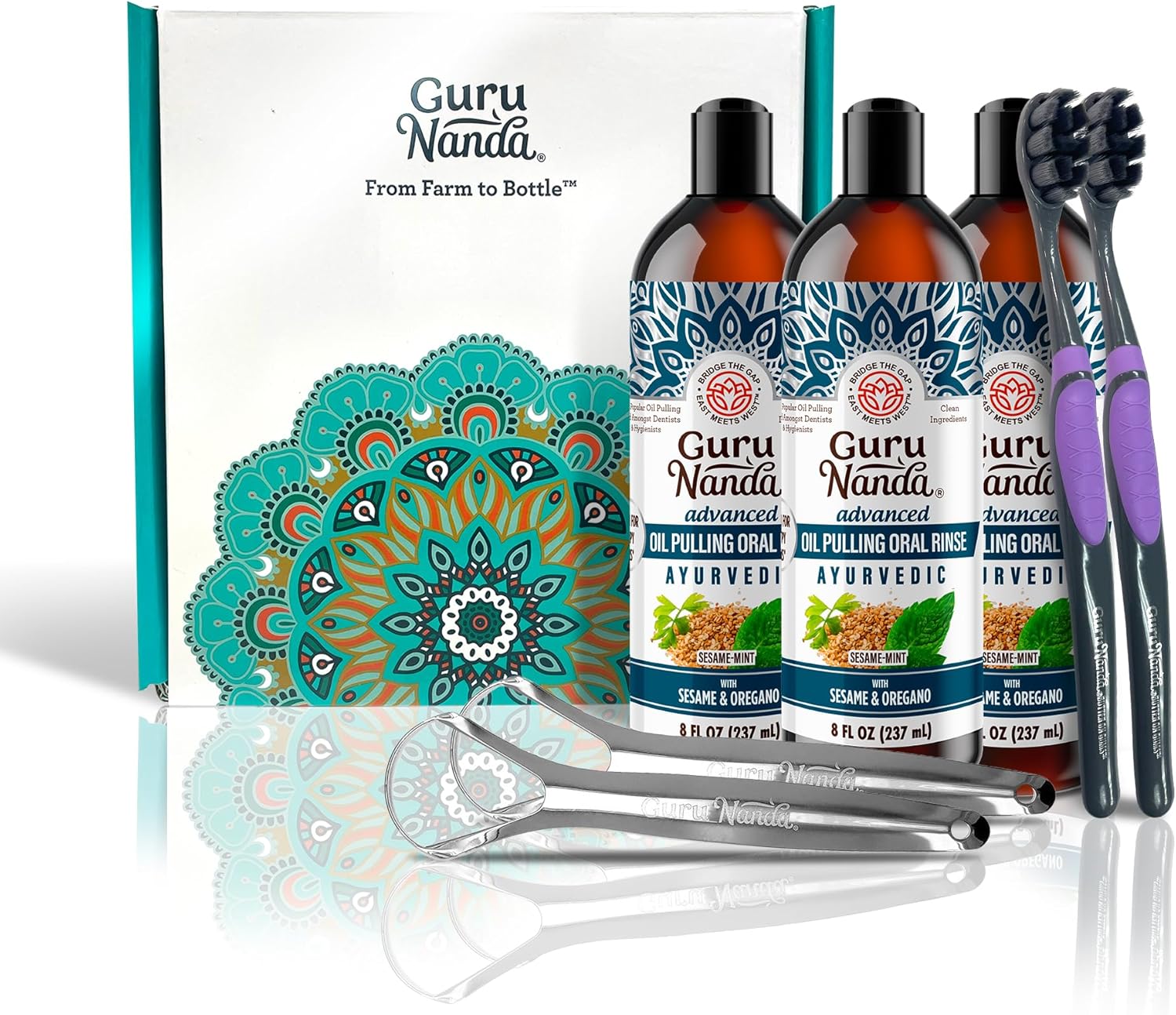 GuruNanda Advanced Oil Pulling Mouthwash for Enhanced Oral Care with Sesame & Oregano Oil, Promotes Deep Cleaning for Healthy Teeth & Gums, with Toothbrushes & Tongue Scrapers, Alcohol-Free, 3X8 Oz