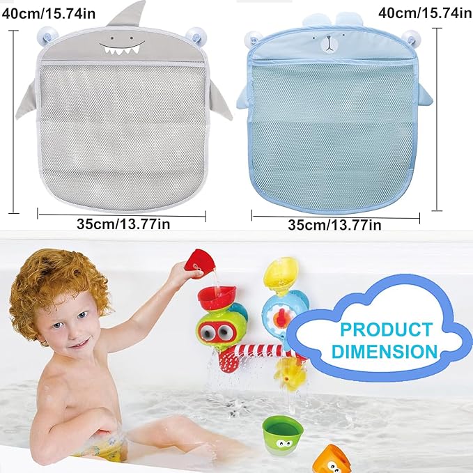 2 Pack Mesh Bath Toy Organizer, Cute Shark & Bear Bath Toy Storage Net Bathtub Toy Organizer, Perfect Bathroom Hanging Storage Bag Quick Dry Bath Toy Holder Bag with 8 Strong Hooks (Set A)