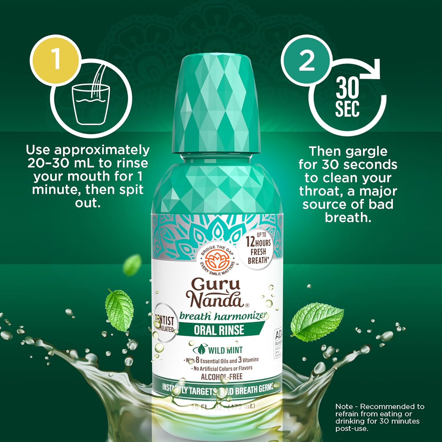 GuruNanda Fresh Breath Mouthwash, ADA-Accepted, Alcohol & Fluoride-Free, Sodium Chlorite, Essential Oils & Vitamins, 12-Hrs Fresh Breath, Wild Mint, 16 oz