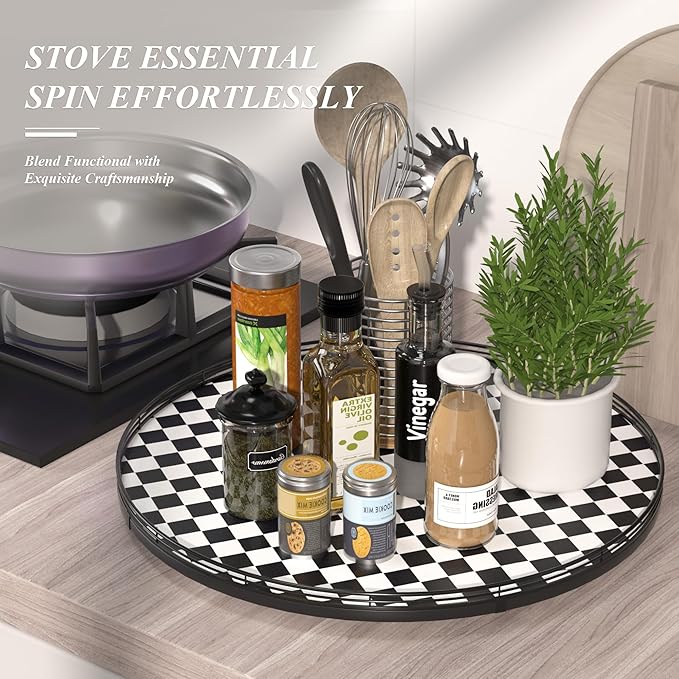 24" Black and White Kitchen Lazy Susan Turntable, Round Checkered Decorative Tray, Large Lazy Susan for Dining Table Centerpiece, Pantry, Kitchen, Bathroom, Countertop, Cupboard, Home Decor