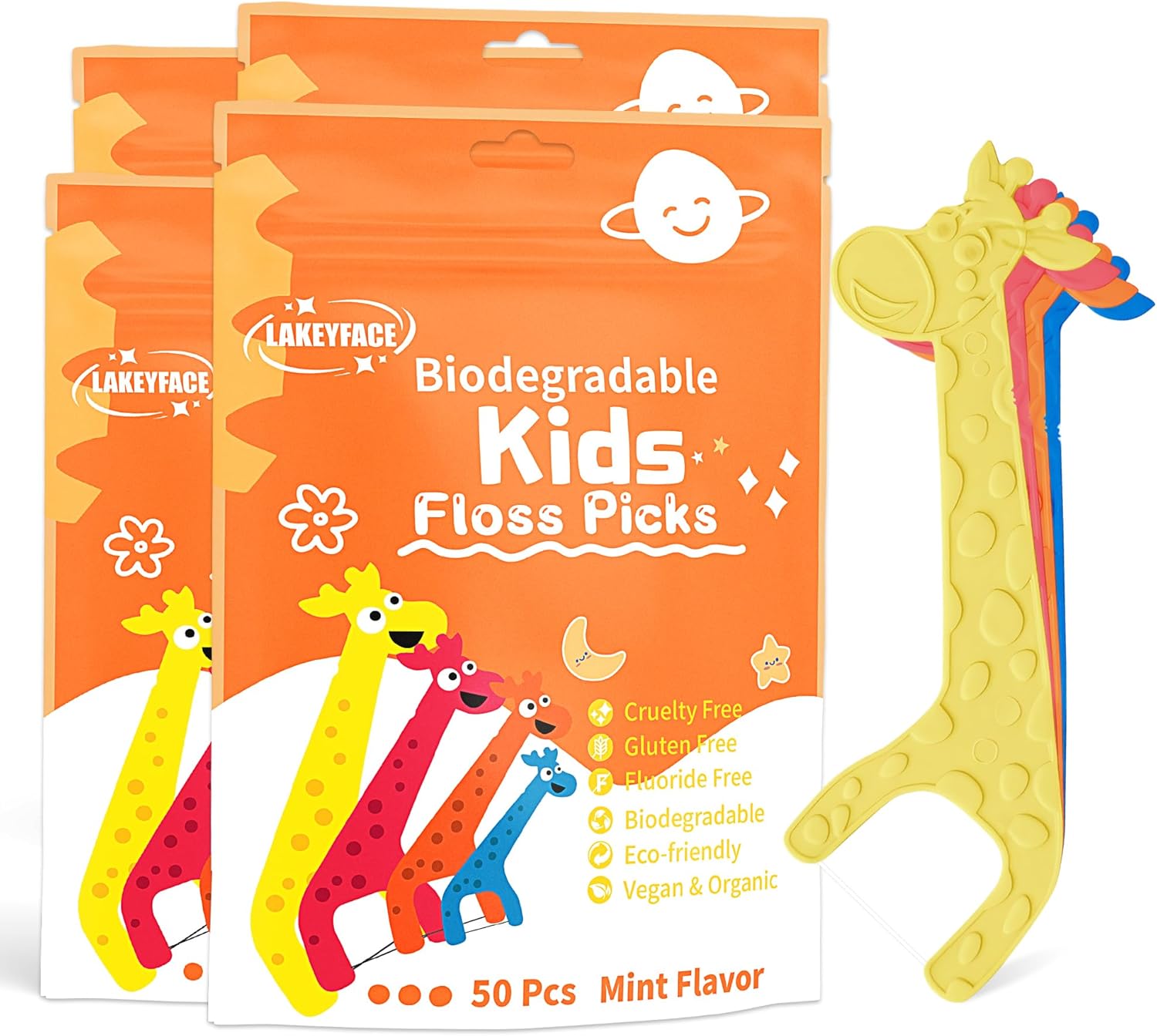 200 Count Biodegradable Kids Flossers, Eco-Friendly Plant-Based Floss Picks, No Fluoride BPA Free Cute Giraffe Dental Picks, No Plastics, Vegan Natural Floss, Mild Mint