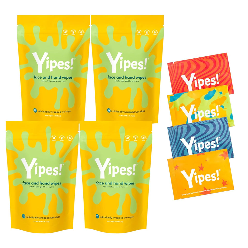 Yipes! Kids Face and Hand Wipes | Compostable Wet Wipes for Sensitive Skin | Individually Wrapped | Classroom Must Haves | Travel Essentials | For Backpacks, Lunchboxes, Classroom Supplies | 4 pack