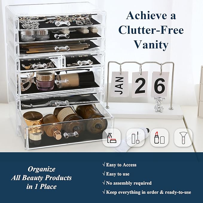 Sea Team 3-Tier Stackable Clear Makeup Organizer with Drawers, Acrylic Plastic Cosmetic Display Case, Jewelry Storage Box, Holder for Dresser, Bathroom, Vanity, Countertop (8 Drawers)