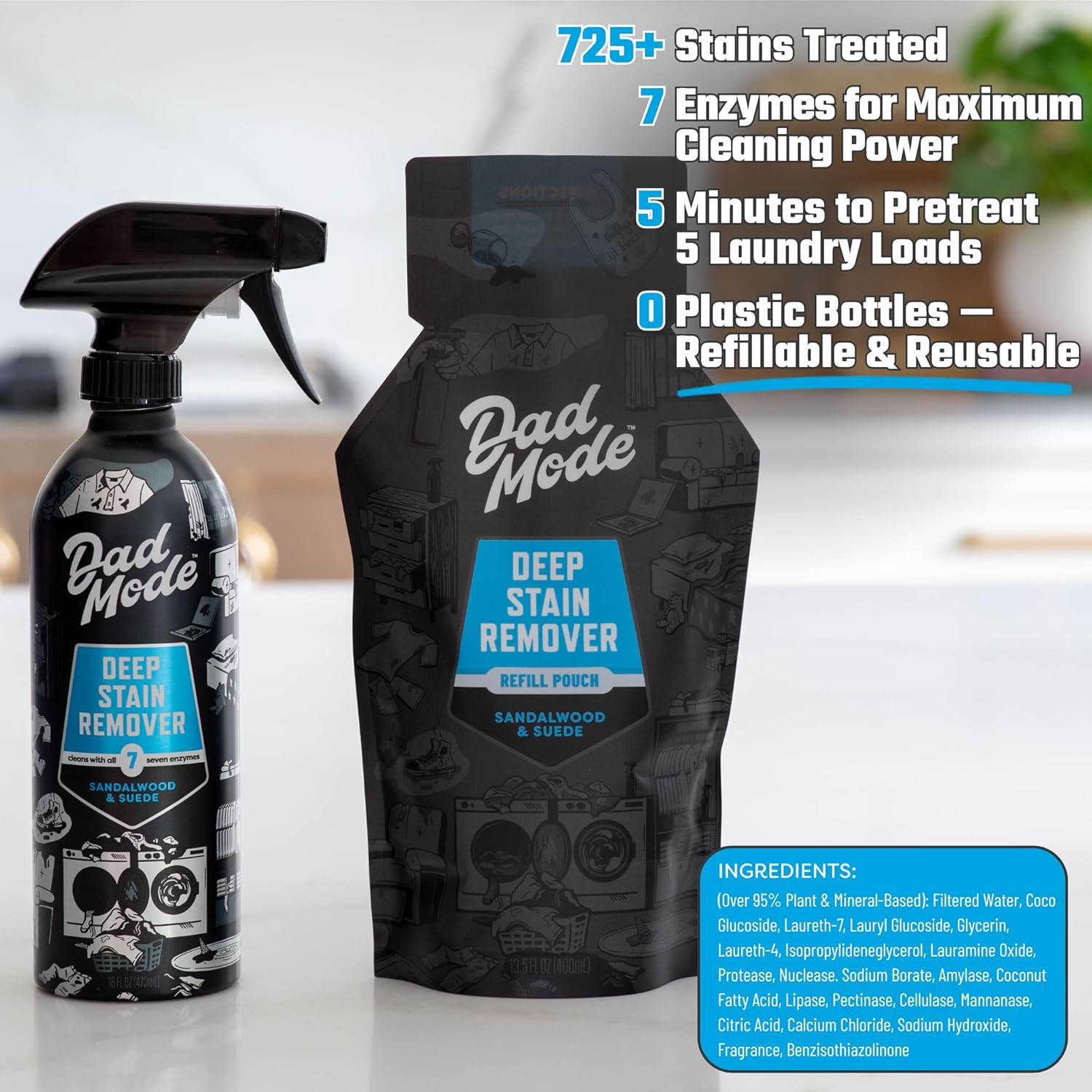 DadMode Laundry Stain Remover | 7-Enzyme Spray for Deep, Aged, Set-In Clothing Stains | Enzyme Booster Cleans Bodily Fluids, Oil, Wine, Turmeric | Sandalwood & Suede | 16oz Metal Bottle + Refill Pouch