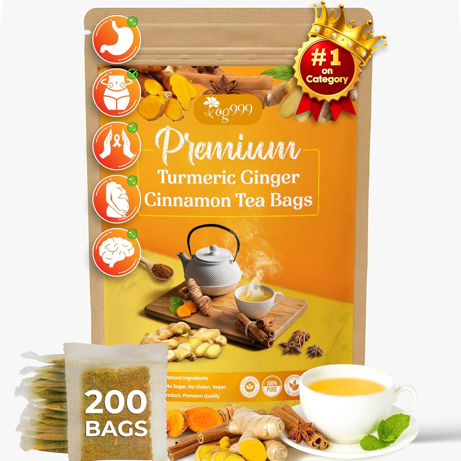 200 Bags Premium Turmeric Ginger Cinnamon Tea, Improve Digestion, Support Brain, Weight, Skin and Sleep, Eco-Conscious Tea Bags and Premium Natural Ingredients. Turmeric Ginger Herbal Tea. No Sugar, No Caffeine, No Gluten, Vegan.