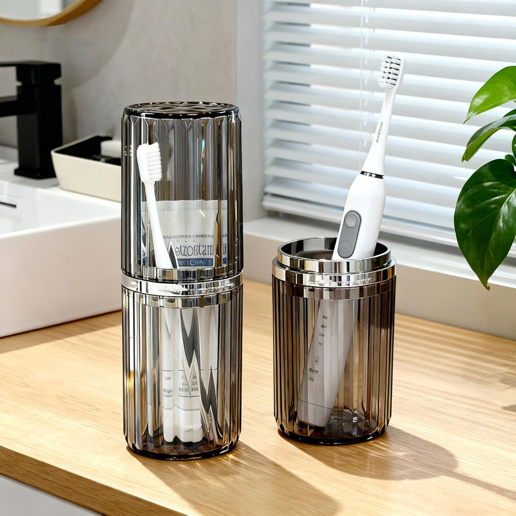 Toothbrush Travel Case, 2-in-1 Multifunction Dustproof Portable Toothbrush Cup & Toothpaste Storage Container, Toothbrush Case for Traveling Bathroom Camping Business Trip School (Grey)