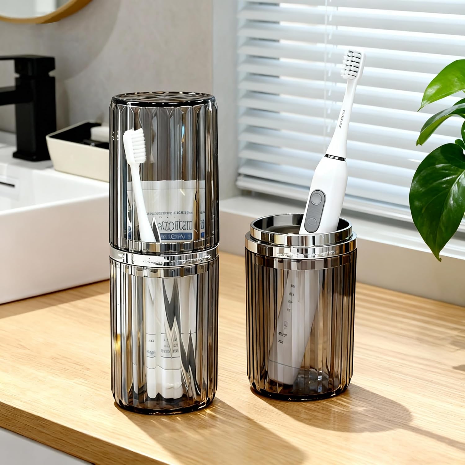 Toothbrush Travel Case, 2-in-1 Multifunction Dustproof Portable Toothbrush Cup & Toothpaste Storage Container, Toothbrush Case for Traveling Bathroom Camping Business Trip School (Grey)