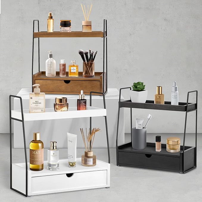 2-Tier Bathroom Organizer Countertop with Drawer, Wood Counter Organizer for Bathroom Decor, Sink Shelf for Vanity Storage, Makeup Tray for Perfume Skincare Bedroom Kitchen Corner