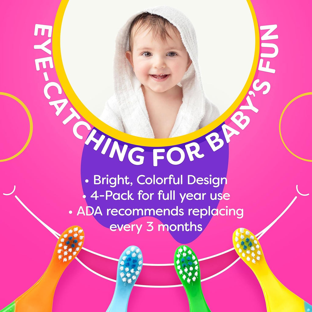 Baby Toothbrush 12 months and up - Toddler Toothbrush - Soft Bristles - Child Sized Brush Heads - infant toothbrush - Kids Tooth Brush - Easy Storage - Unisex Girl & Boy Set (4-Pack, Multi-Color)