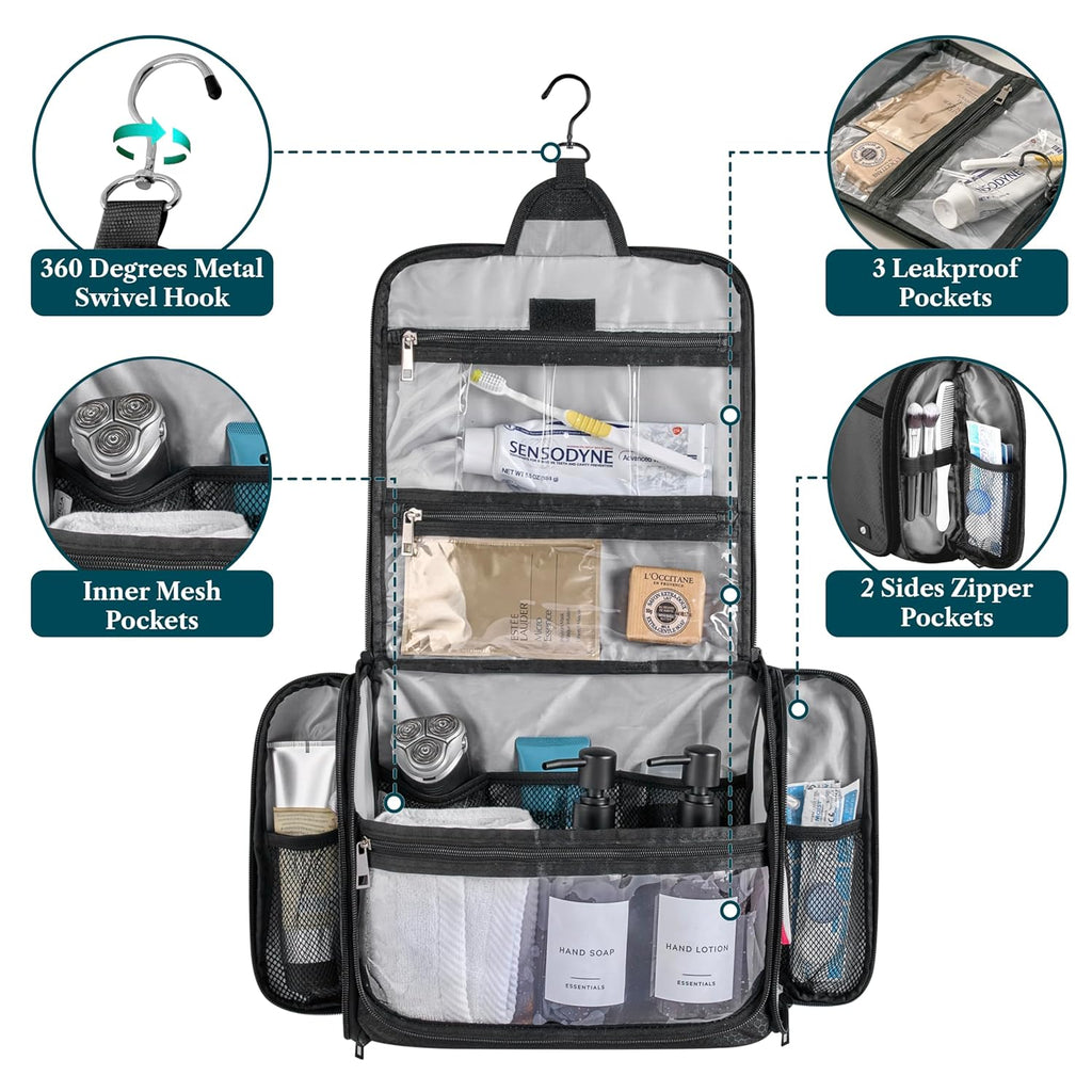 PAVILIA Large Hanging Toiletry Bag Travel Bag Women Men, Cosmetic Organizer, Water Resistant Makeup Bag Accessories Toiletries, Travel Essentials Kit, Black