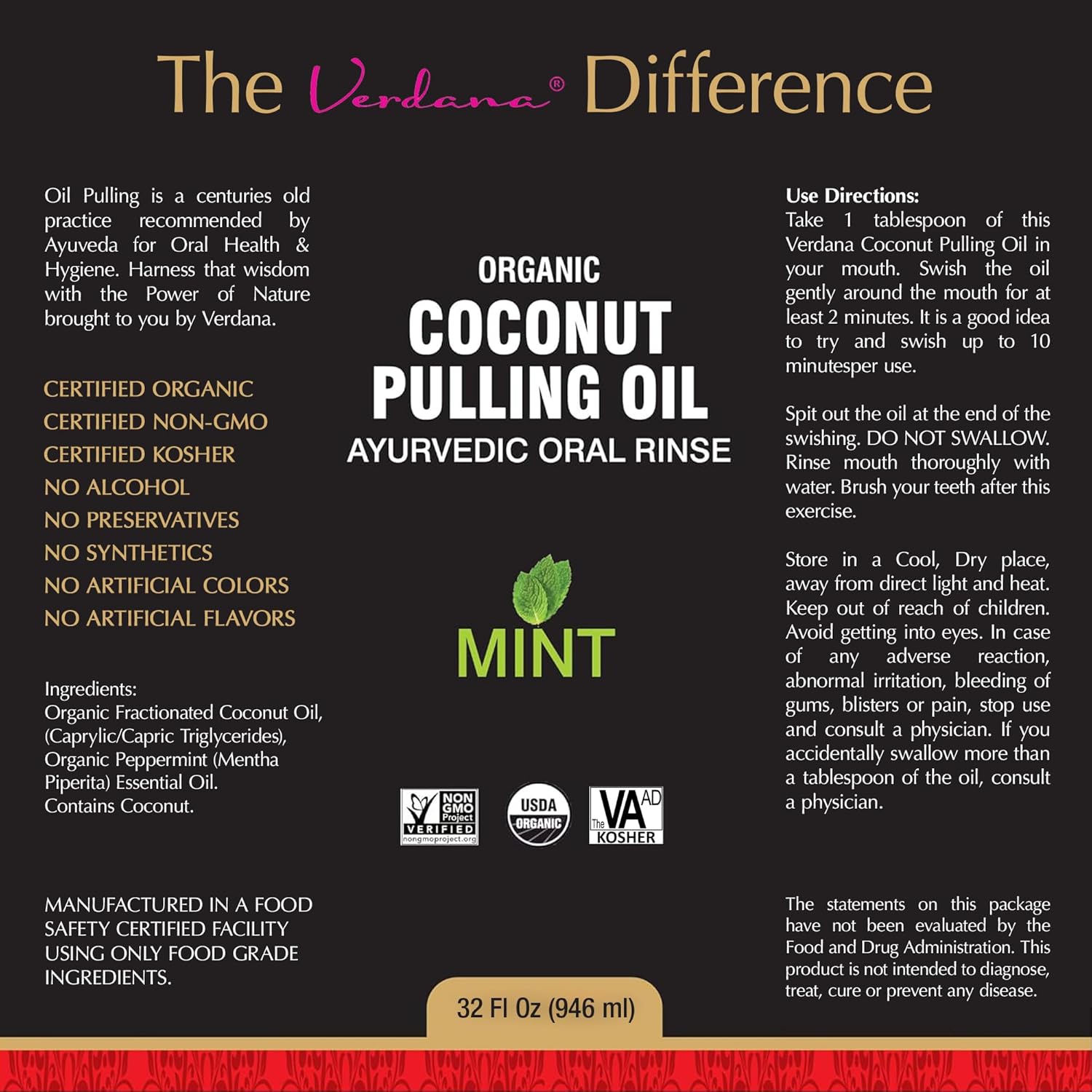 Verdana Organic Oil Pulling for Teeth & Gums – 32 oz Mint – USDA Organic Coconut Pulling Oil Rinse – Alcohol-Free, Fluoride-Free – Natural Mouthwash for Fresh Breath, Gum Health & Oral Detox