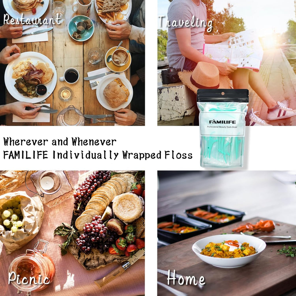 FAMILIFE Individually Wrapped Floss Picks, 100PCS Mint Dental Floss Cleaner, Tooth Picks Flossers with Portable Individual Packaging, Toothpicks Helps to Fight Tooth Decay and Keep Your Teeth Clean