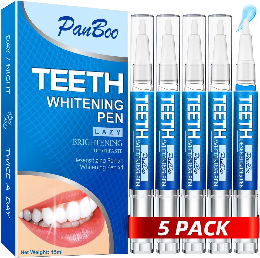 Teeth Whitening Pen 4+1(5 Pack), 70+ Treatments, Use Twice a Day Up to 1-6 Shade Whiter in 1-2 Weeks, 4 Whitening Pens plus 1 Desensitizing Pen, Effective, Painless and Enamel Safe Teeth Whitening Gel