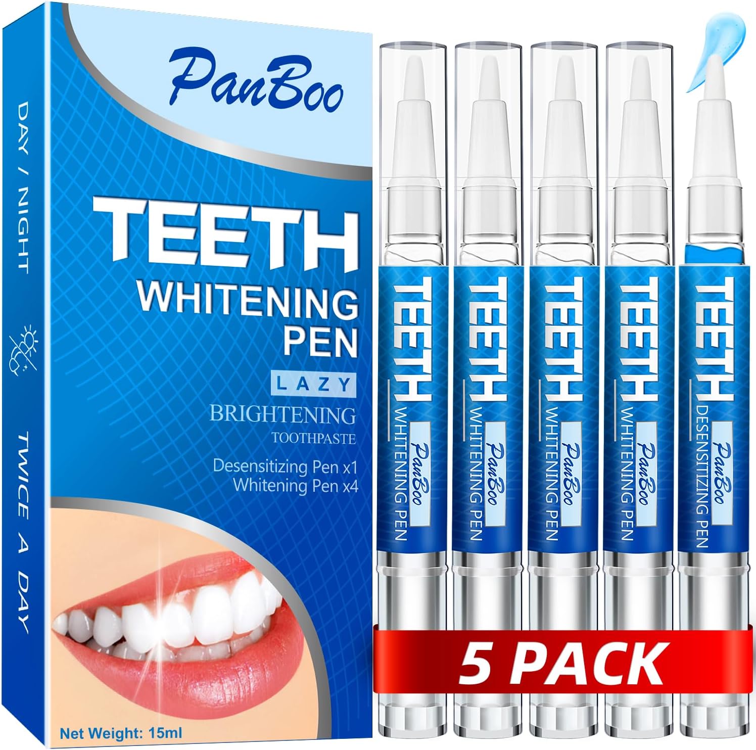 Teeth Whitening Pen 4+1(5 Pack), 70+ Treatments, Use Twice a Day Up to 1-6 Shade Whiter in 1-2 Weeks, 4 Whitening Pens plus 1 Desensitizing Pen, Effective, Painless and Enamel Safe Teeth Whitening Gel