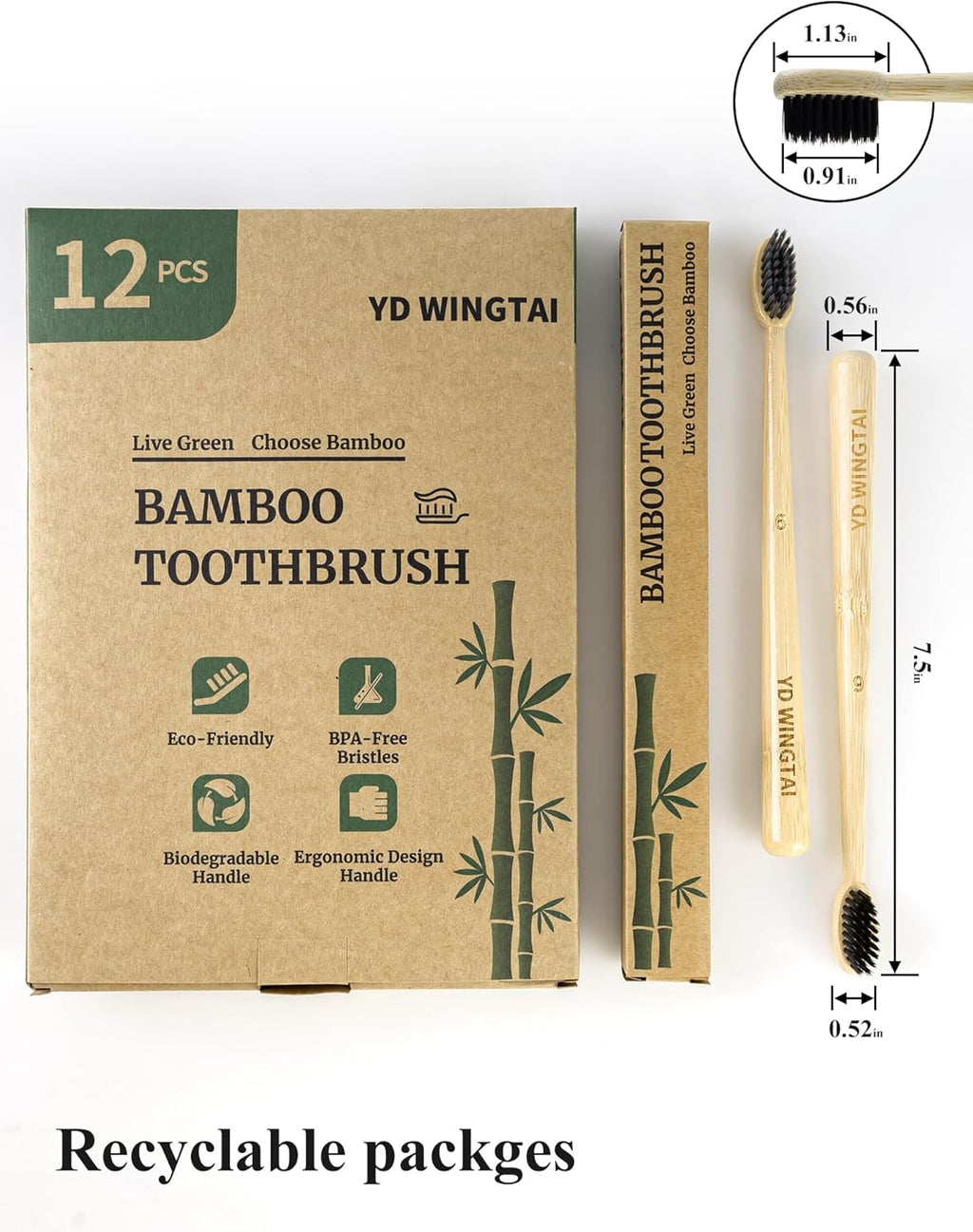 Bamboo Toothbrushes 12pack Disposable Tooth Brush Natural Toothbrush Travel Wooden Bristle Organic for Adults Set