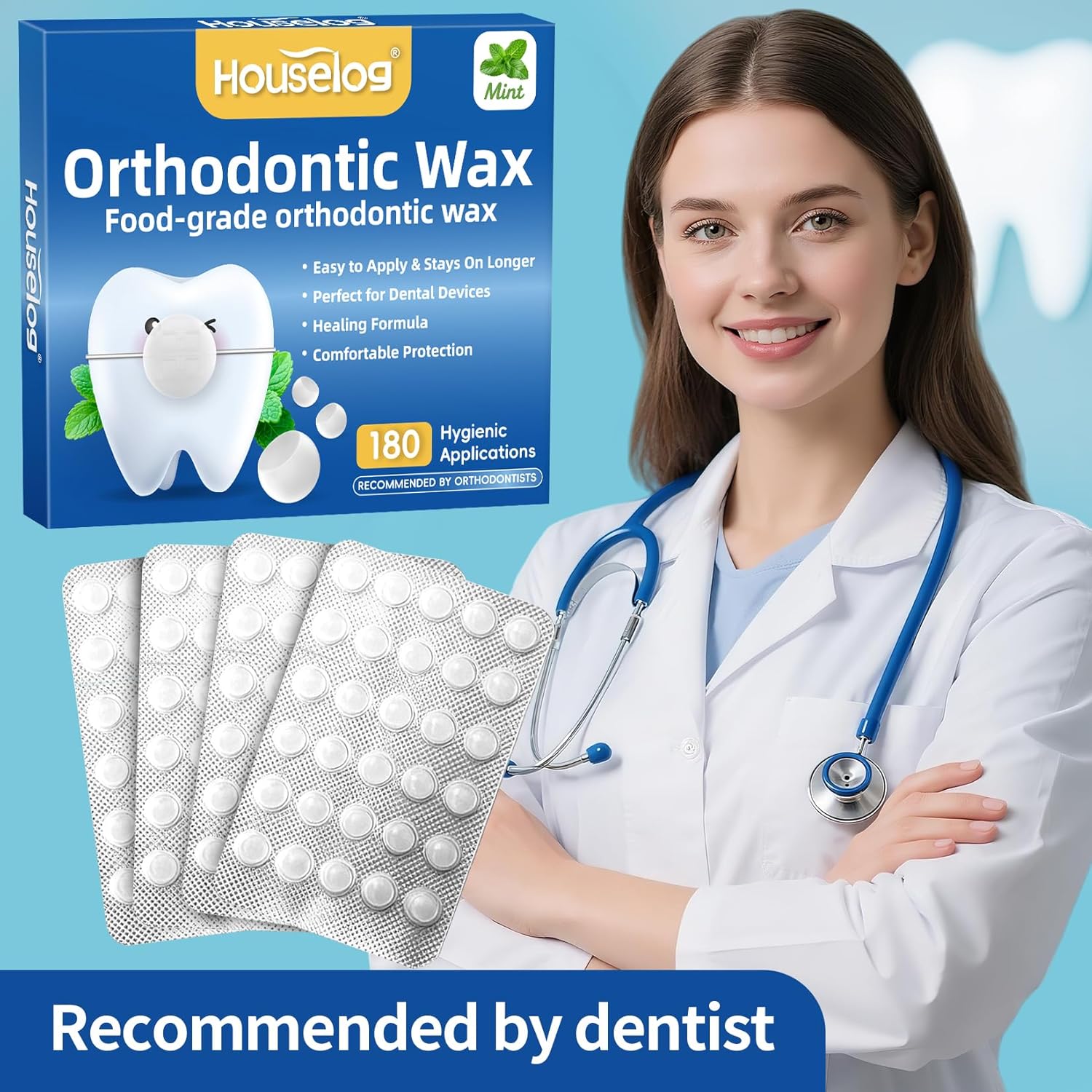 Orthodontic Wax for Braces - 180 Dental Wax Dots | Mint Flavor, Hygienic Individual Wraps, Brace Wax for Brackets