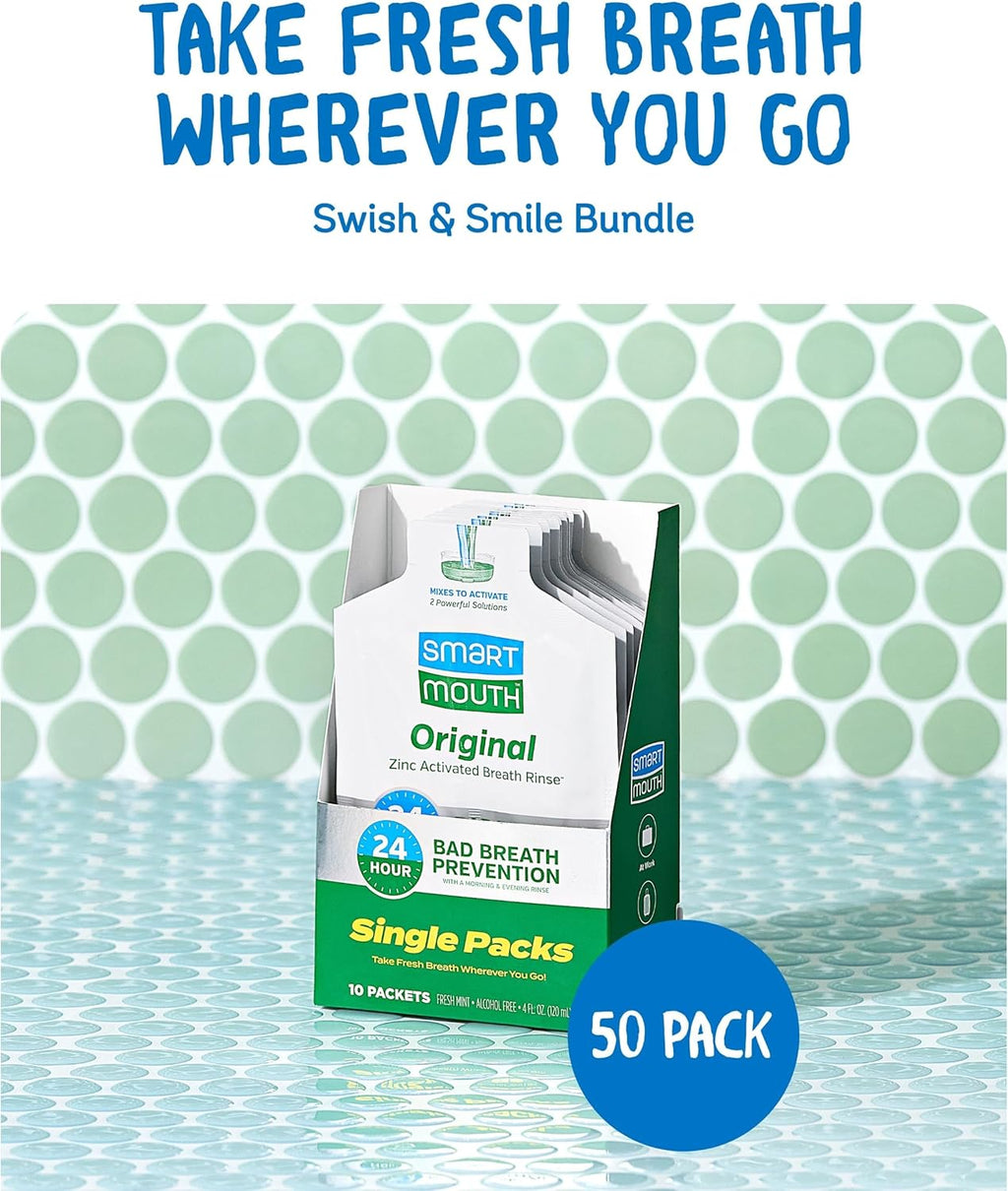 SmartMouth Original Activated Mouthwash Single Packs, Travel Mouthwash, Fresh Mint, 50 Pack