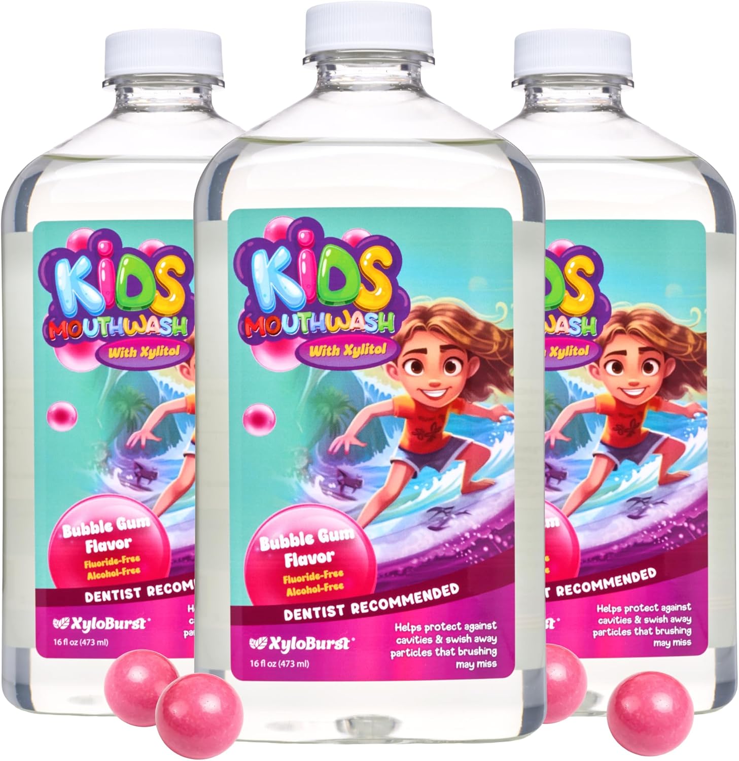 Xyloburst Oral Rinse Kids Mouthwash - Natural Xylitol Mouthwash, Fluoride Free Mouth Rinse with Aloe Vera, Alcohol Free, 16 fl oz - 3-Pack