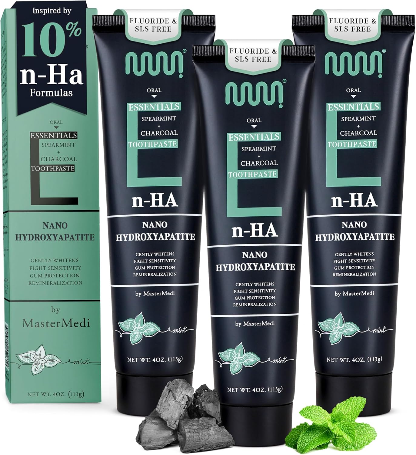 MasterMedi Nano Hydroxyapatite Toothpaste (Inspired by 10% nHA Formulas), Fluoride-Free, Charcoal Whitening, Sensitive Teeth Care, Enamel Support, SLS-Free, Xylitol, Citrus Mint, 4 Oz (Pack of 3)