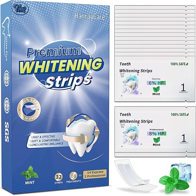 Teeth Whitening Strips, Enamel-Safe, Professional Dentist Formula with Hydrogen Peroxide, 4X Whiter, Pain-Free, Non-Slip, Deep Stain Removal, Easy-to-Use, 32 Ct (16-Day) | Mint Flavor | HanrayCare