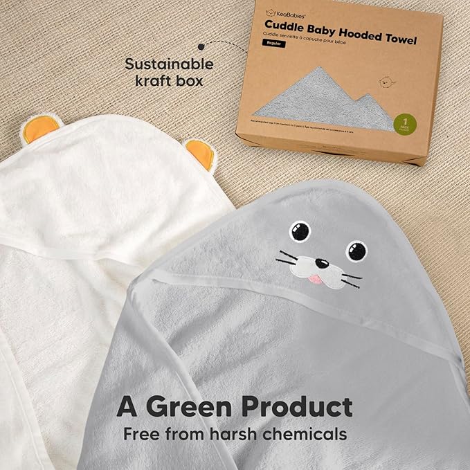 KeaBabies Hooded Baby Towel for Newborn - Viscose Derived from Bamboo Large Baby Bath Towels with Hood for Boys, Girls, Toddler, Extra Absorbent & Soft Newborn Bath Essentials (Seal, Regular)