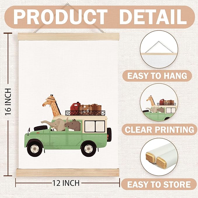 FDHSPAAM Funny Car Animal Nursery Wall Art Decor, Kids Room Decor, Whimsical Giraffe Elephant Rhinoceros Animal Travel Wall Art Posters for Nursery Home Kids Bedroom, 12x16 Inch