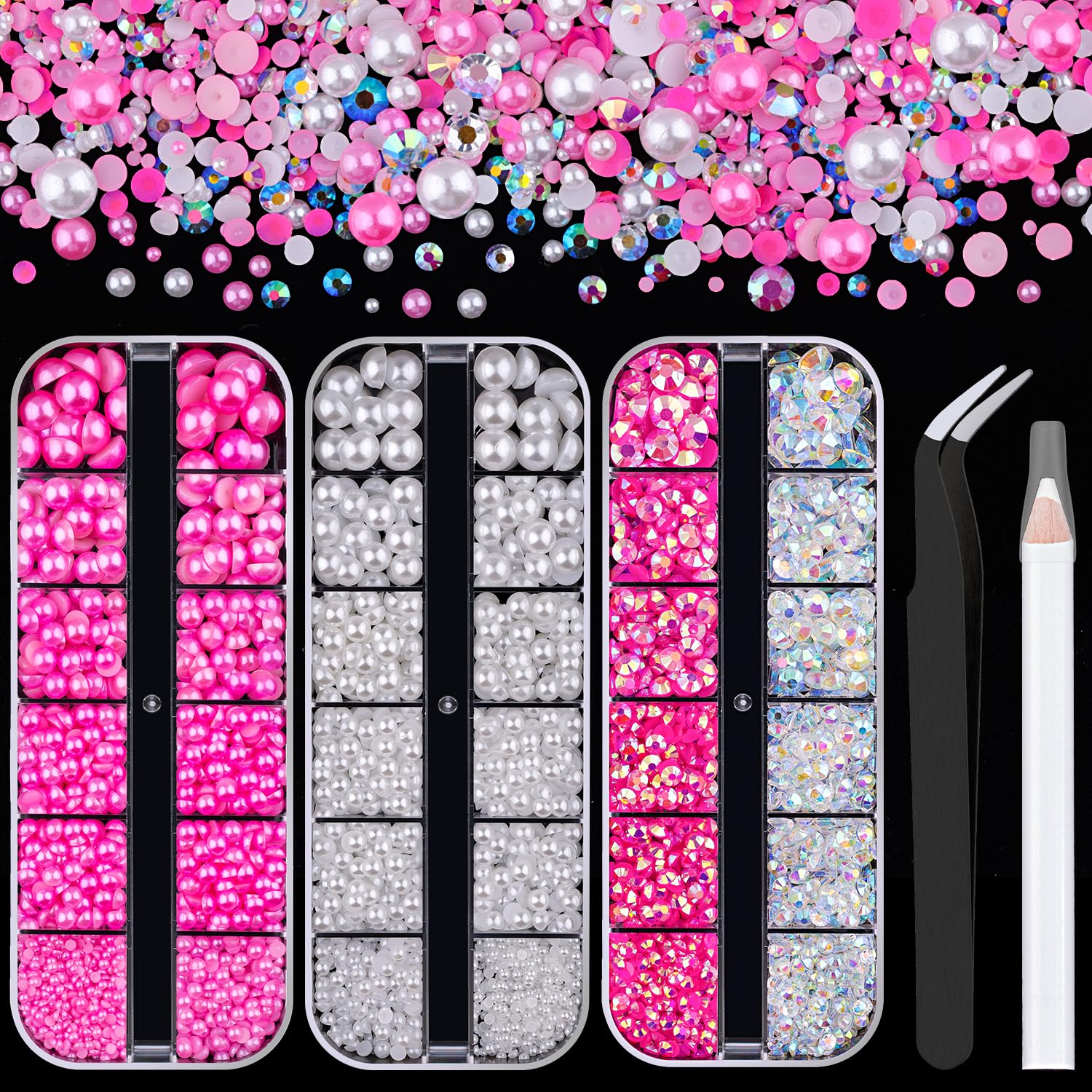 3 Boxes Flat Back Pearls&Rhinestone Kit 10 Flatback White&Peach Half Round Pearls+Resin Gems 2-8mm with Pickup Pencil and Tweezer for Home DIY and Professional Nail Art, Face Makeup and Craft