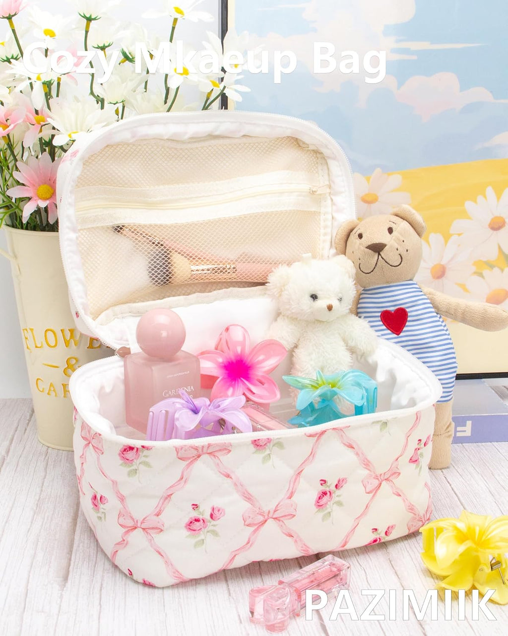 PAZIMIIK Quilted Makeup Bag Large Travel Zipper Soft Cosmetic Case for Women Girls Make Up,Bow Rose