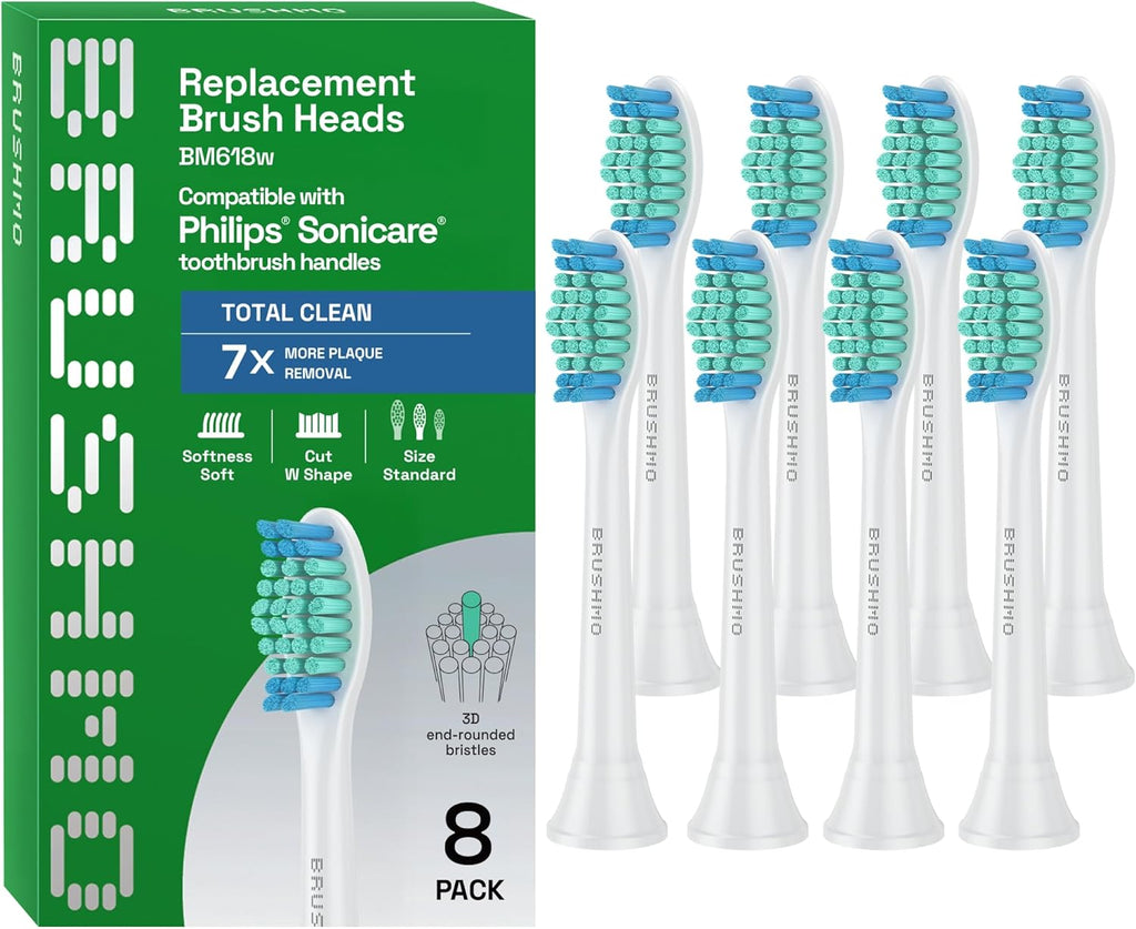 Brushmo Total Clean Replacement Toothbrush Heads, Compatible with Philips Sonicare Click-on Electric Toothbrush Handles, 8 Standard Replacement Heads, Soft Dupont Bristles, BM618, White