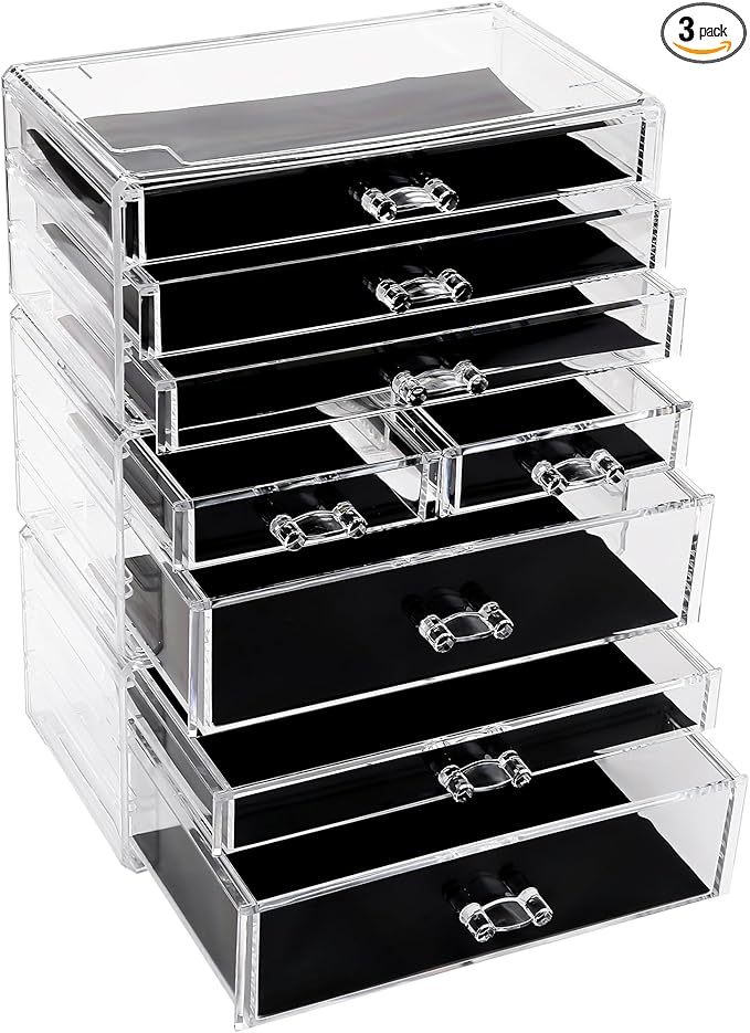 Sea Team 3-Tier Stackable Clear Makeup Organizer with Drawers, Acrylic Plastic Cosmetic Display Case, Jewelry Storage Box, Holder for Dresser, Bathroom, Vanity, Countertop (8 Drawers)