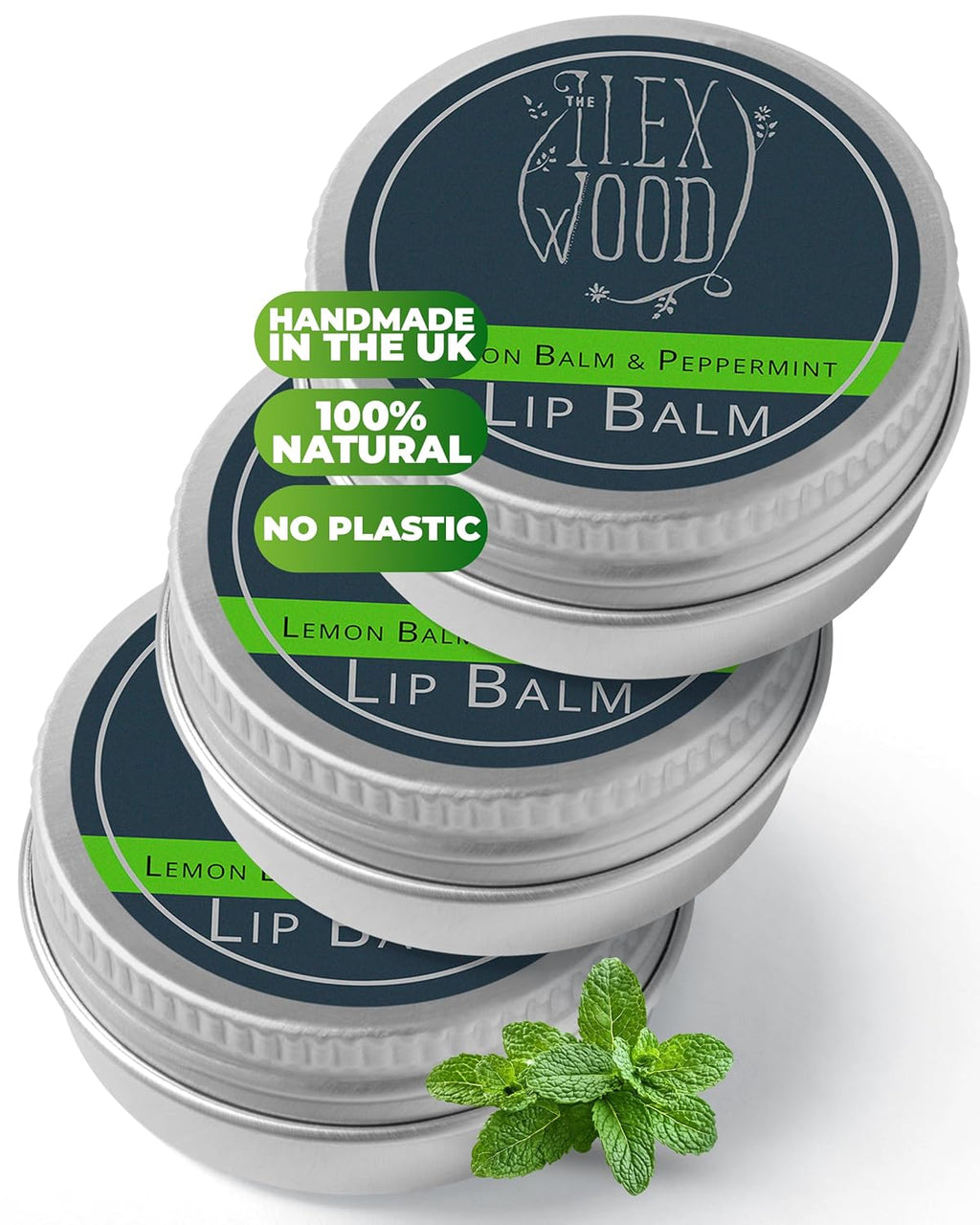 The Ilex Wood - Lip Balm Pack of 3 - Lemon Balm and Peppermint - All natural, coldsore prevention, cruelty free, plastic free, moisturising lip balm, handcrafted - 3 x 10ml (3 x 0.34 fl oz)