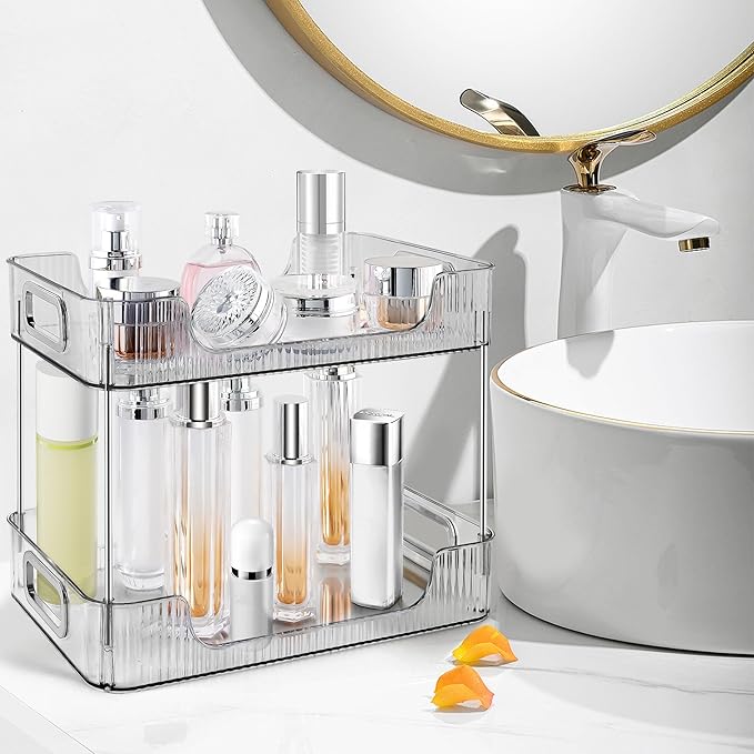 2-Tier Bathroom Counter Organizer Countertop Storage, Dresser Organizer Vanity Tray for Makeup, Perfume Organizer Cosmetics Skincare Shelf - Grey