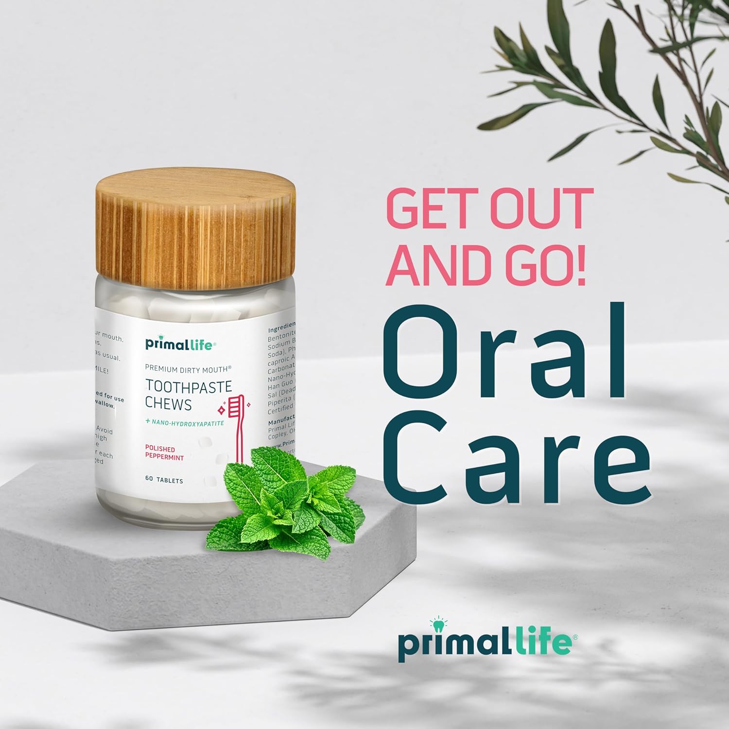 Primal Life Organics Premium Dirty Mouth Toothpaste Chews – Nano-Hydroxyapatite Whitening Toothpaste Tablets for Adults - Gluten Free, Vegan, Paleo - 60 Tablets in Jar - Polished Peppermint