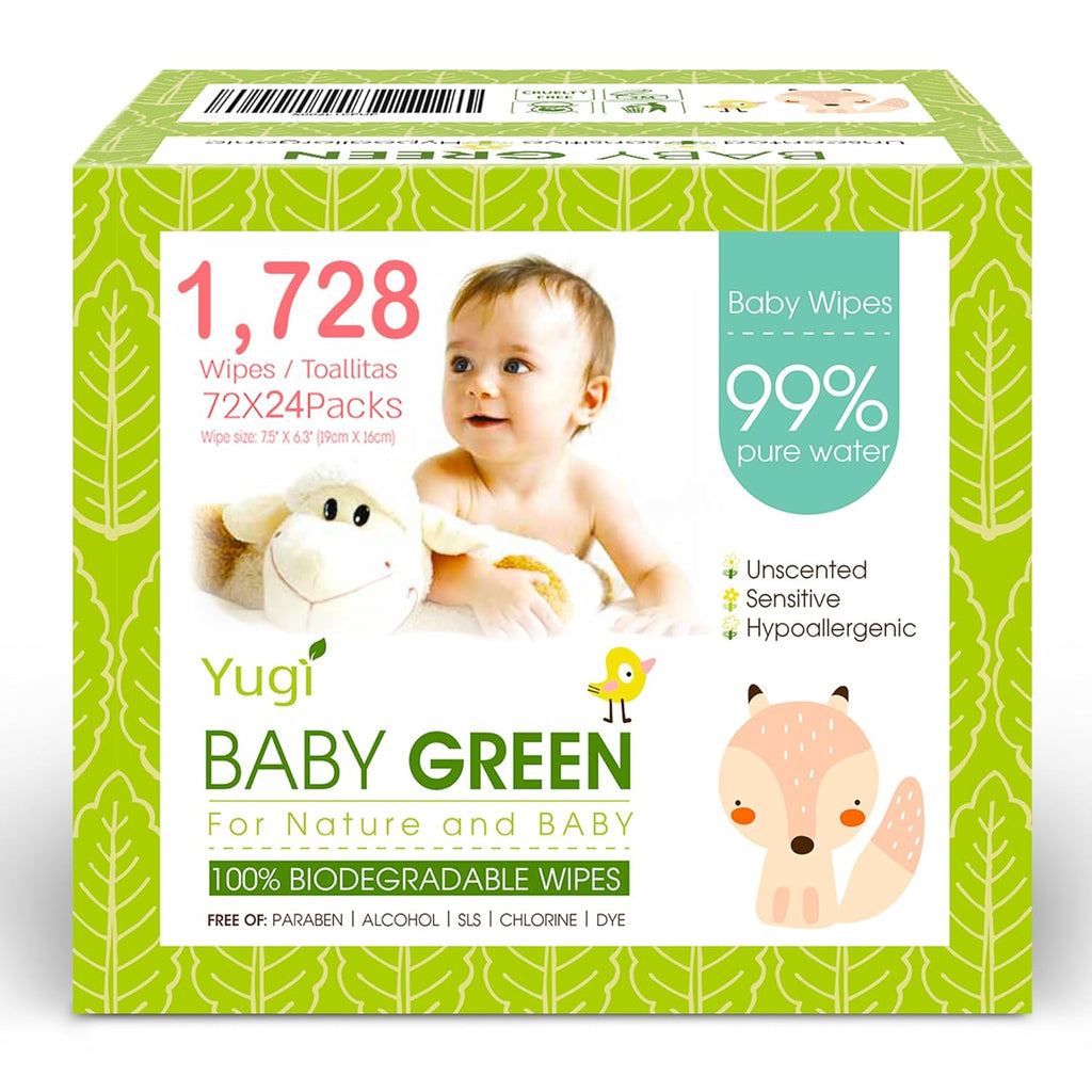 Yugi Green Baby Wipes – Unscented, Compostable, Biodegradable, Plant-Based, Fragrance-Free, for Sensitive Skin & Babies – 24 Packs of 72 (1728Count)