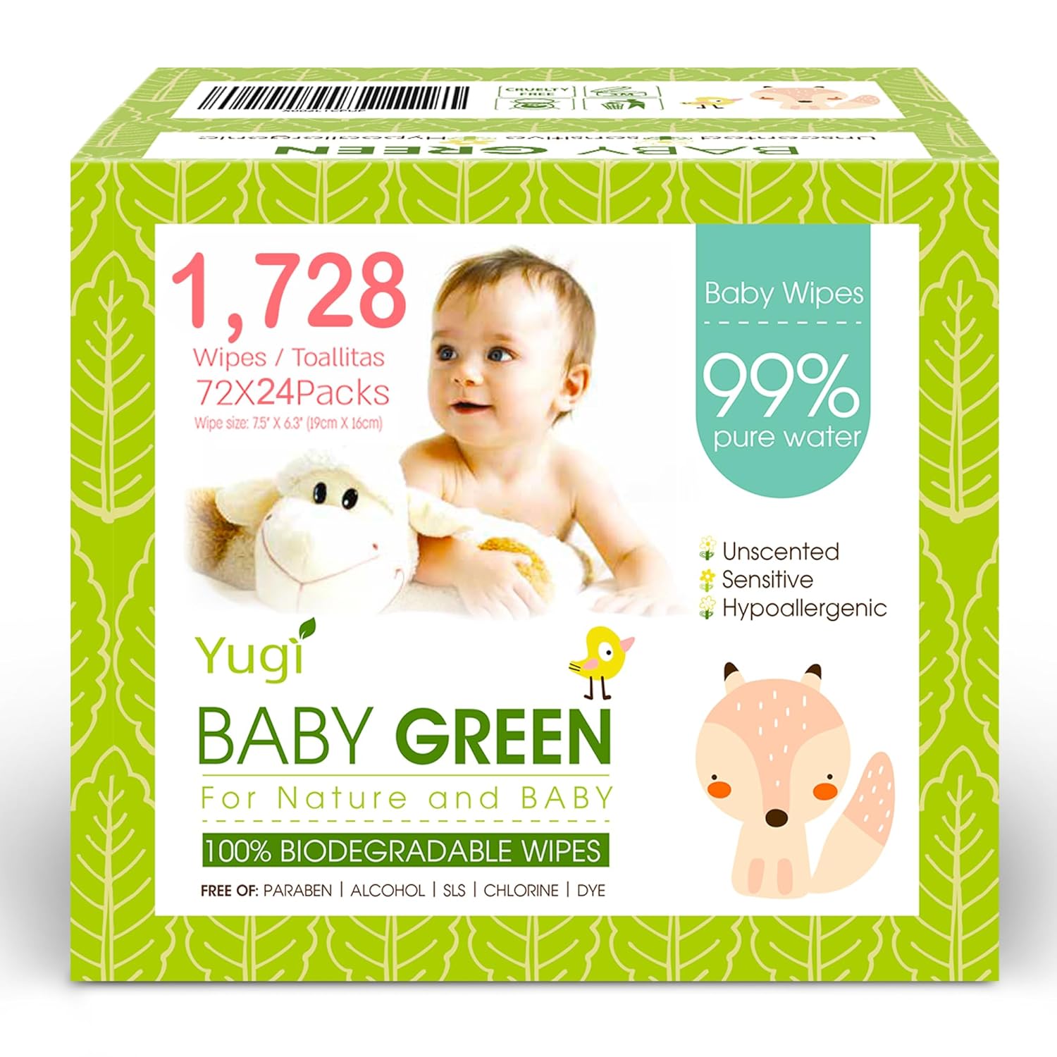 Yugi Green Baby Wipes – Unscented, Compostable, Biodegradable, Plant-Based, Fragrance-Free, for Sensitive Skin & Babies – 24 Packs of 72 (1728Count)