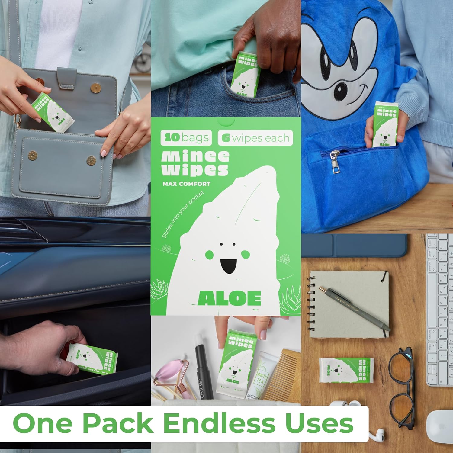 Impossibly Compact Travel Wipes - 99.5% Water - Safe for Sensitive Skin & Hypoallergenic, Resealable, Thick & Durable - For Adults, Kids & Baby Care - Aloe, 10 Pack Total 60 Wipes