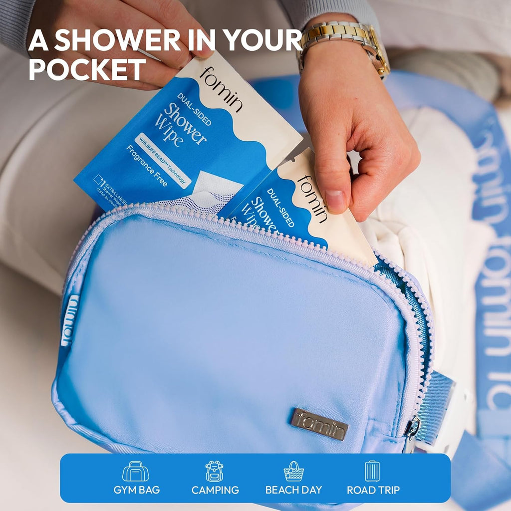 FOMIN Travel Shower Wipes - 20 Pack - No Rinse XL Bathing Wipes with Vitamin E - Fragrance-Free Full Body Wipe for Adults - Individually Wrapped Waterless Bath Wipe for Hygiene, Camping, & Gym