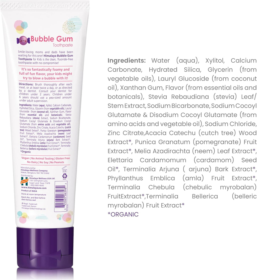 Himalaya Botanique Kids Toothpaste, Herbal, Bubble Gum Flavor, Fights Plaque, Fluoride Free, Gentle, No Artificial Flavors or Colors, SLS Free, Gluten Free, Cruelty Free, Vegan, Foaming, 4 Oz, 2 Pack