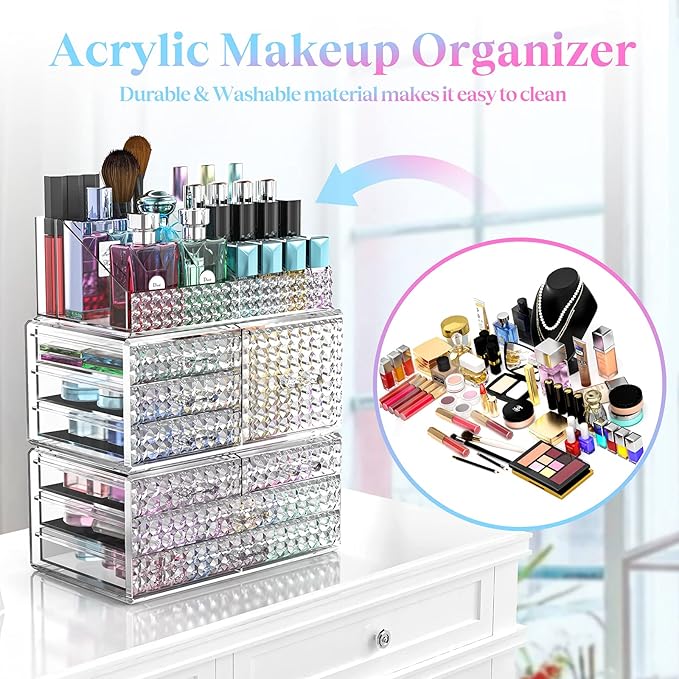 3 Pack Makeup Organizer Stackable[Upgraded], Acrylic Cosmetics Storage Cases with 8 Drawers Perfume Organizers For Brush Holder or Jewelry Display,Plus Size,Best For Vanity,Bathroom or Countertop