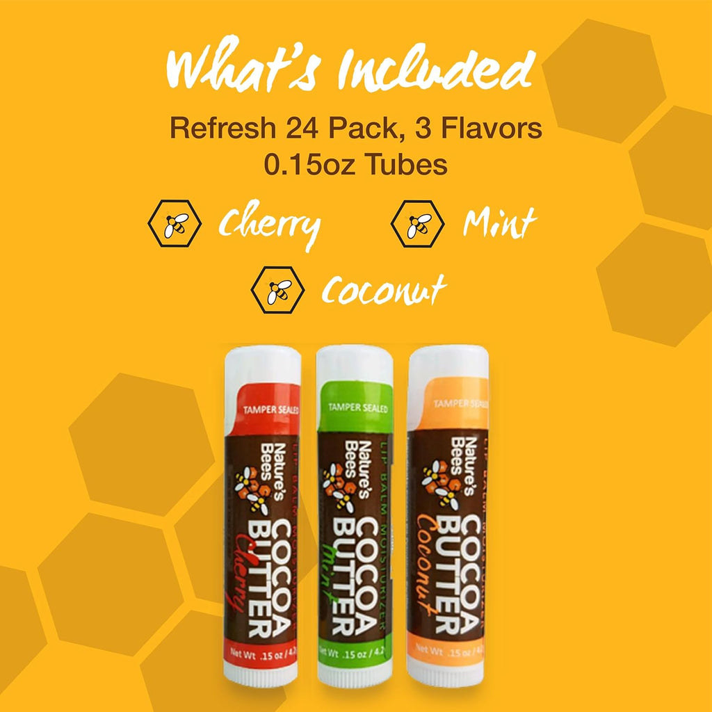 Nature's Bees Cocoa Butter Lip Balm, Lip Care for Dry Lips, Made with Coconut Oil, Beeswax, Vitamin E, Aloe, and Shea Butter, 0.15 oz Each, 3 Flavors Coconut, Cherry, and Mint, 24 Pack