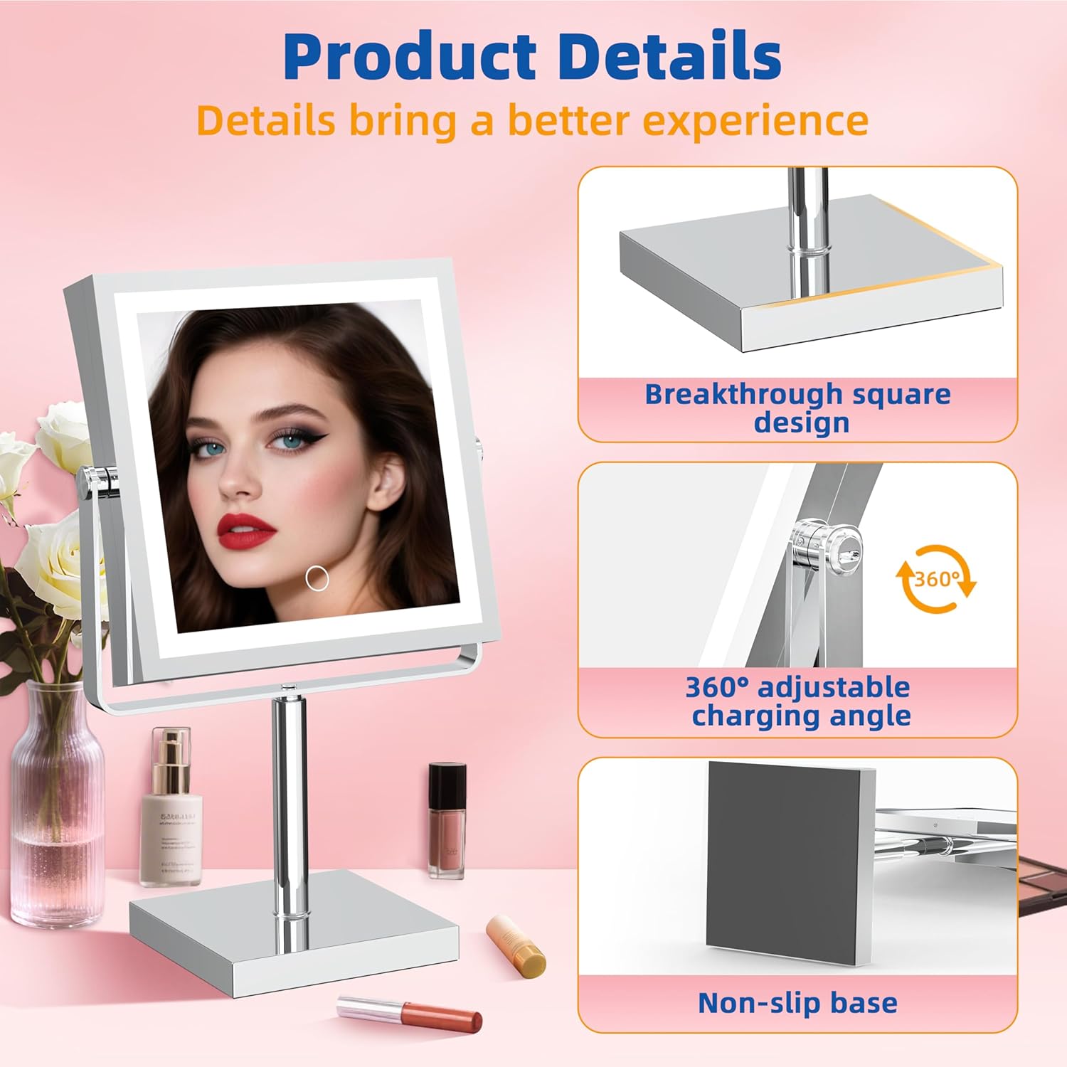 Ruacq Rechargeable Makeup Mirror, 4000mAh Lighted Makeup Mirror with Magnification 1X/10X, Height Adjustable Vanity Mirror with Lights, 3 Color Lights, Adjustable Brightness, 360°Rotation (Chrome)