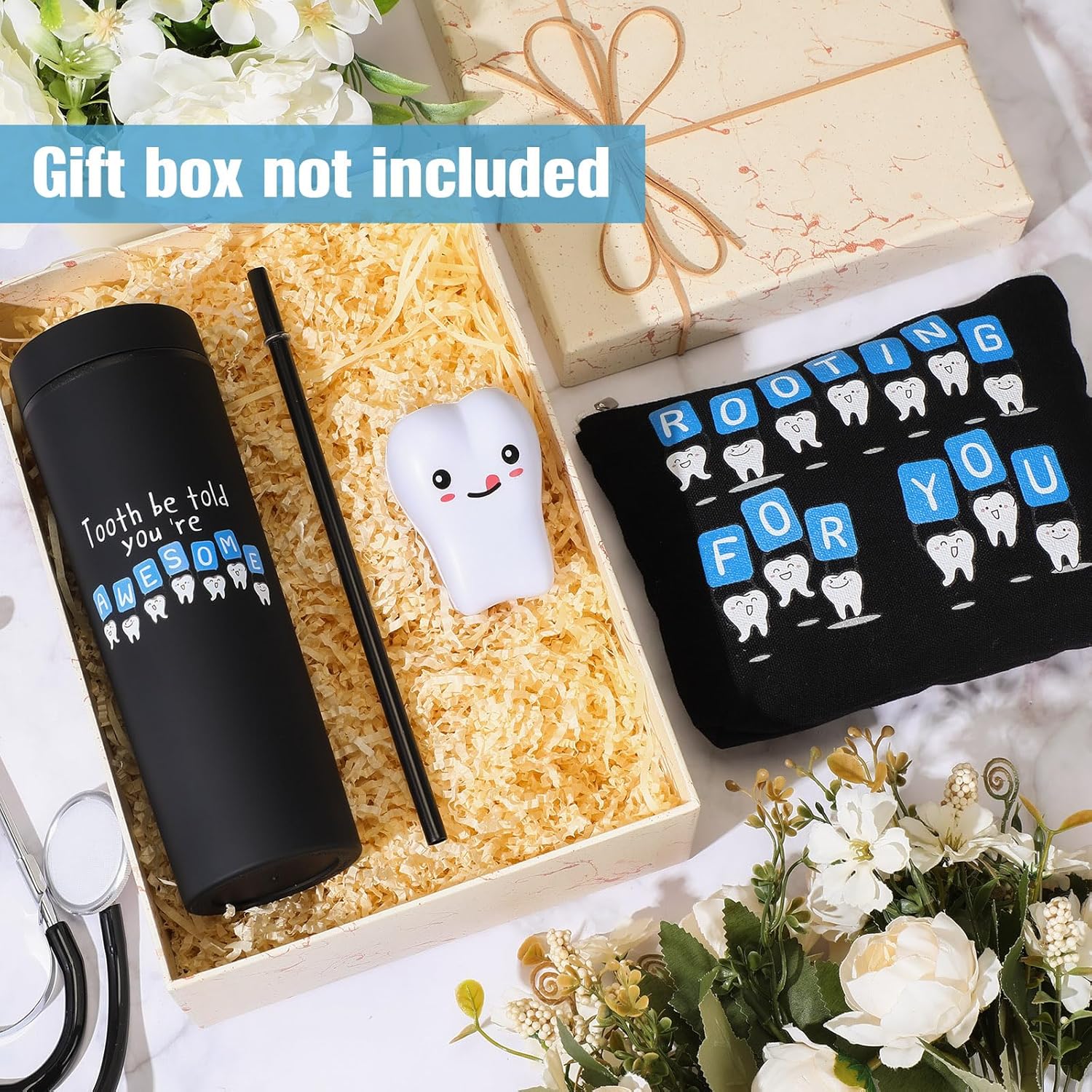 Skylety 3 Pcs Dental Hygiene Month Gifts Dental Assistant Hygienist Appreciation Gift 16oz Tumbler with Lid Cute Teeth Makeup Bag Stress Toy Employee Thank You Dentist Coworker Nurse Student(Black)