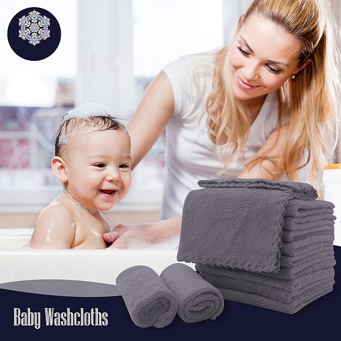 16 Pack Baby Washcloths - Luxury Coral Fleece - Extra Absorbent and Soft Wash Clothes for Newborns, Infants and Toddlers - Suitable for Sensitive Skin and New Born - Baby Shower - Grey, 10x10 Inch