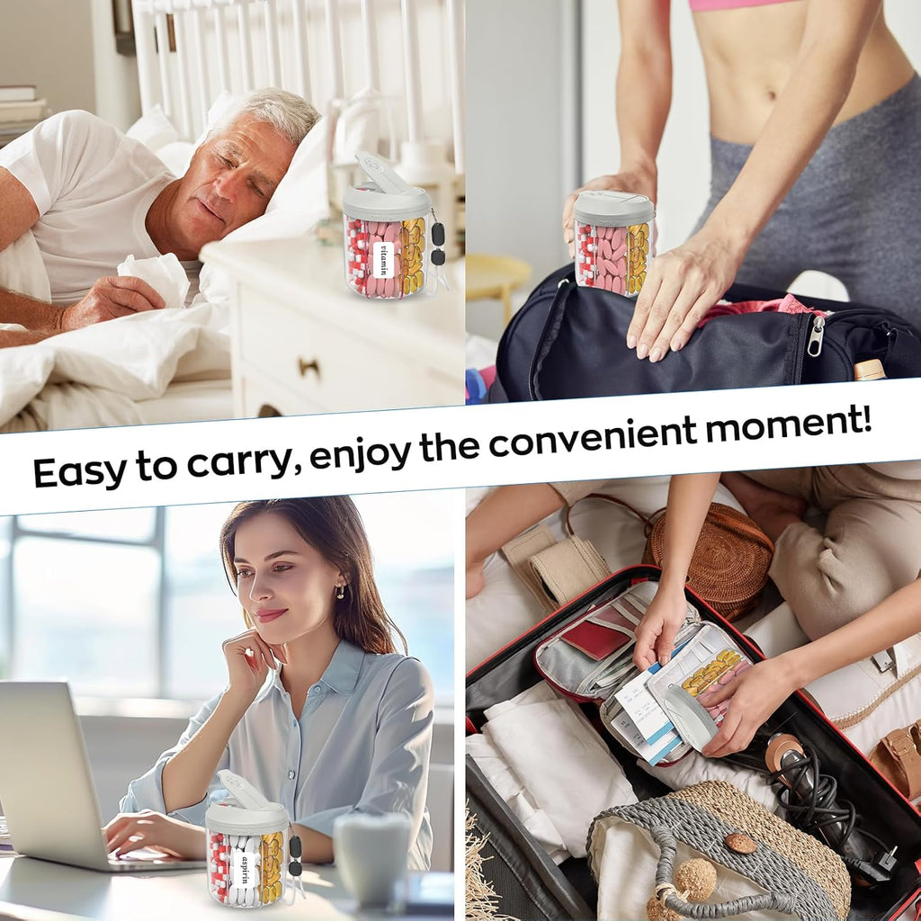 Pill Dispenser with 7 Large Compartments, Pill Bottle Organizer for Travel, Supplement Organizer with Anti-Mixing Design, BPA-Free Pill Container with 20 Pcs Labels, Grey