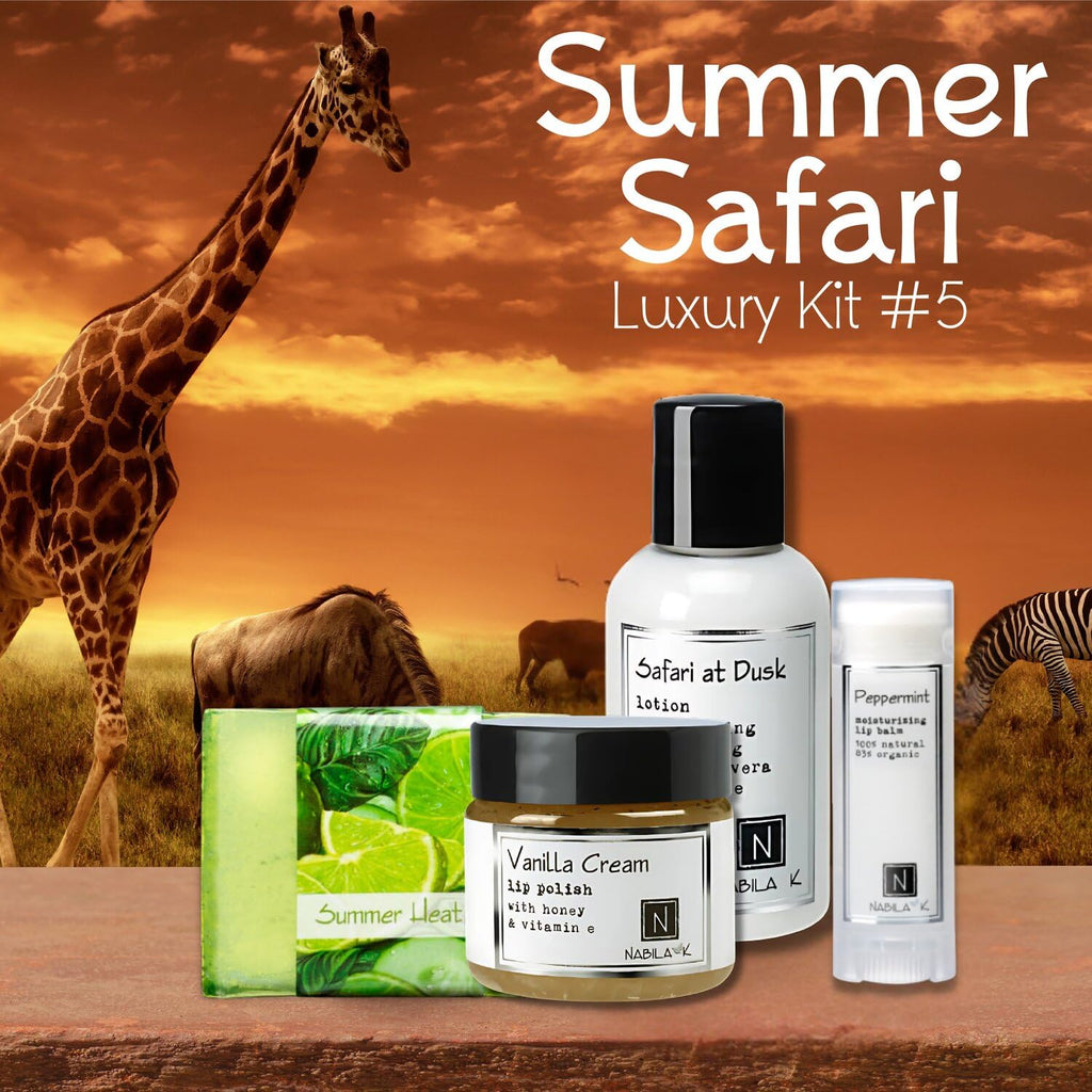 Nabila K Summer Safari Gift Set – Includes Summer Heat Soap, Safari at Dusk Body Lotion, Vanilla Cream Lip Polish & Peppermint Lip Balm – Luxury Bath & Body Kit for Women & Men – Ready-to-Gift Spa Box