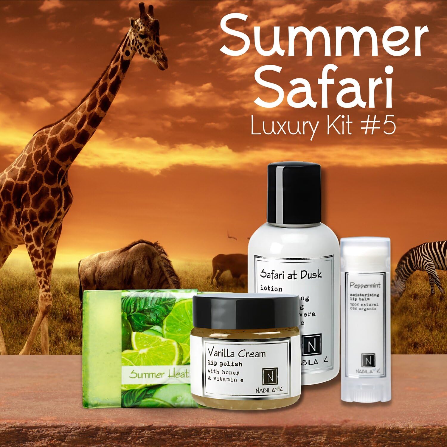 Nabila K Summer Safari Gift Set – Includes Summer Heat Soap, Safari at Dusk Body Lotion, Vanilla Cream Lip Polish & Peppermint Lip Balm – Luxury Bath & Body Kit for Women & Men – Ready-to-Gift Spa Box