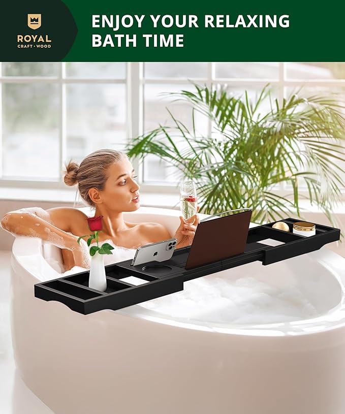 ROYAL CRAFT WOOD Premium Foldable Bathtub Tray - Wood Bath Tray for Tub, Bamboo Shelf, Expandable Bath Table Trays, Bathtub & Bathroom Accessories for New Home & Mothers Day & Birthday Gifts for Mom