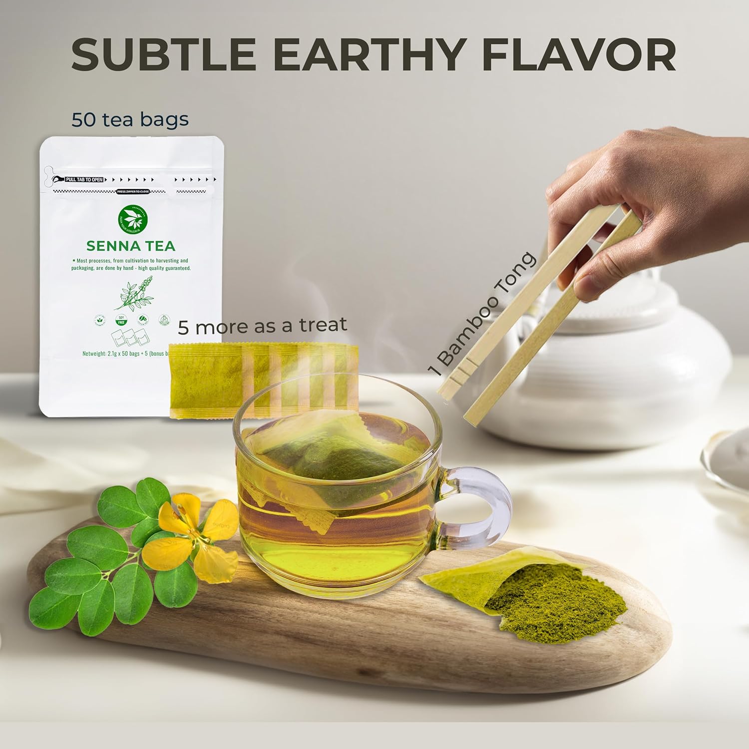 Senna Tea Bags - 55 Count (+5 Tea Bags), 5.29 oz, Bamboo Tong Included, Natural Senna Leaves, Supports Digestive Comfort & Gentle Cleanse, Slightly Bitter Herbal Tea for Daily Wellness