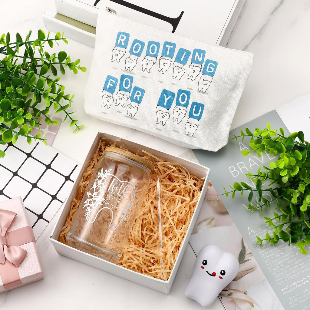 Sliner 3 Pcs Dental Hygiene Gifts Assistant Hygienist Gifts 16 oz Glass Cups Makeup Bag Teeth Stress Toy for Women Coworkers Nurse Dentist Retirement Graduation Christmas Birthday Gift(White)